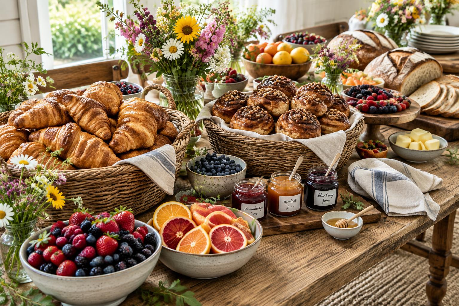 An abundant Harbor Bakery catering spread on a long farm table