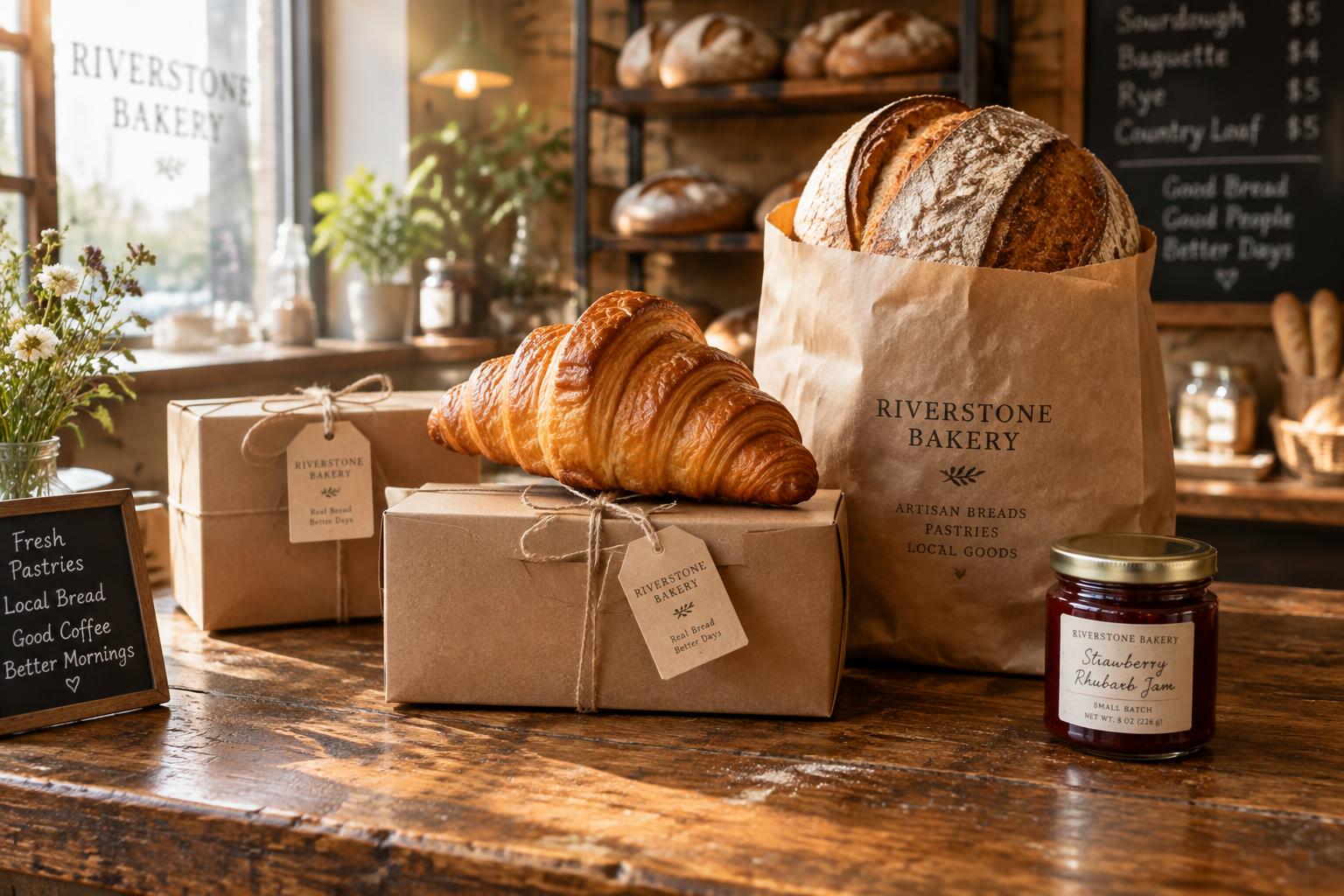 Boxed Harbor Bakery pastries tied with twine, ready for pickup on the counter